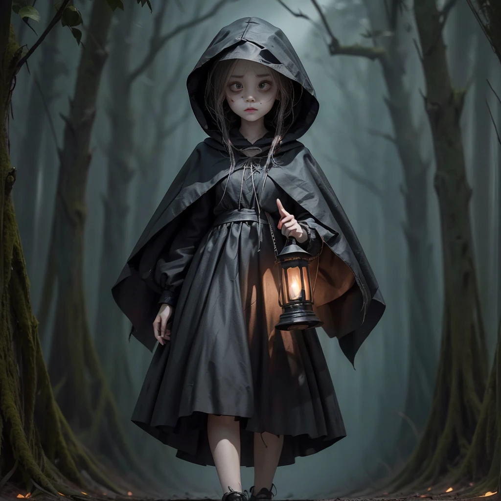 a mysterious character. Camera focused on the face of the person with big eyes and open eyes. wearing a black hood. walking in a dark landscape with a lantern on my hand