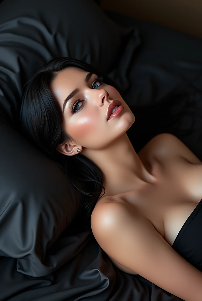 eautiful, gorgeous, supermodel)) ((seductive)) ((blue eyes)), ((dark eyeshadows make up)) ((red lips)) ((long black hair)) ((big breast:1.3)) ((skinny body:1.3)) ((white bra and tiny thong bottom)) ((lying down on back on bed, lying down on her back on bed, lying down on back)) ((inside bedroom at night, lights out)) ((gothic)) ((camera view over her)) ((high definition:1.5), ((masterpiece:1.5))((8k:1.5)) ((Best quality:1.4)), more_details:-1, more_details:0, more_details:0.5, more_details:1, more_details:1.5