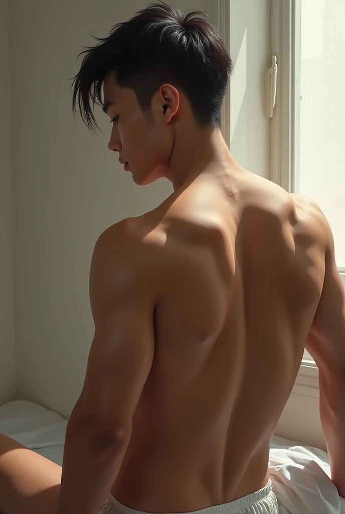 Handsome Japanese man、Luxury hotel bed、Back view、Butt、Long legs、Half face looking at camera、smile、Completely naked