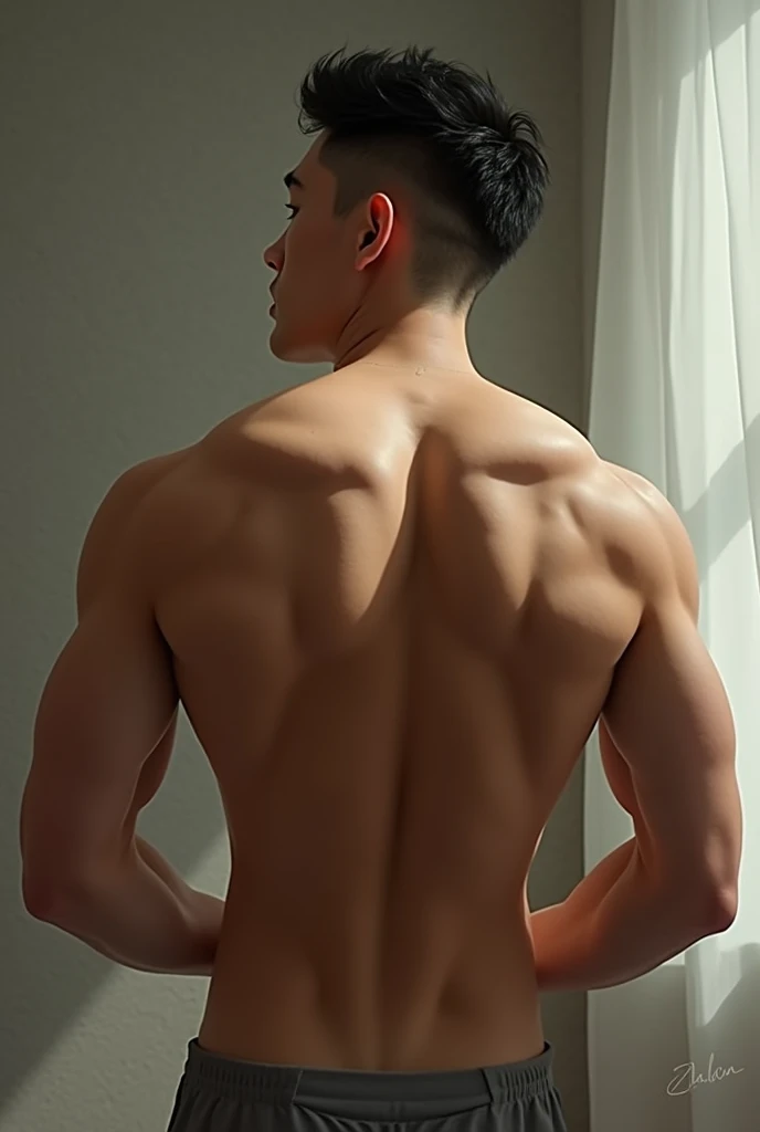 masterpiece, best quality, high quality, intricate details, perfect lightings, 1boy, solo, male focus, standing back, backward to viewers, showing huge male butt, round muscular ass, a young handsome muscular vietnamese boy, male model, flexing, mischievous, naughty, detailed eyes, detailed face, smooth hair, realistic skin, perfect hands, sexy thong, outdoors, sunset, beautiful scenery