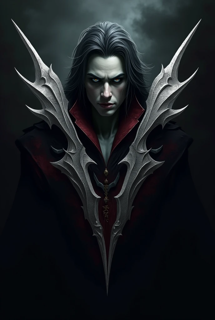 Un vampire, couvert de sang, se tient dans une mare de pourpre, ses crocs bien visibles. Ses yeux sont fermés et son expression est celle du chagrin et du désespoir. Il est entouré des ruines d'une ville autrefois grande, témoignage de la destruction qu'il a provoqué. Art numérique, dark fantasy, éclairage dramatique, inspiré du style de Greg Rutkowski. L'arrière-plan flou et sombre, textures de pierre brute et de plumes collées.