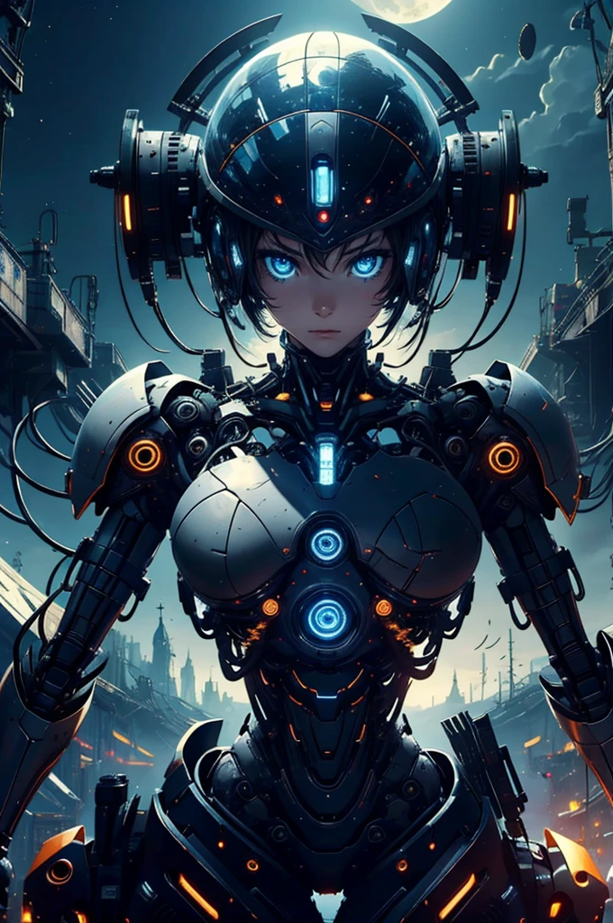 CG Mecha、beautiful eyes、Upper body、woman、（（whole body image））、Portrait、robot、white orange armor、neon、8K、born、Highest image quality、muste piece、ultra high resolution、colorful、(Medium-wide)、(Dynamic Perspective)、sharp focus、(Depth of bounds written)、highly detailed eyes and face、beautiful detailed eyes、Black gold、trimming gear:1.2)、((muste piece、Highest image quality))、detailed background、Inside the spacecraft、gray hair、Luminescent、full moon、gtx4090、stand up、matrix、,Crescent Moon、abyss、perfect form