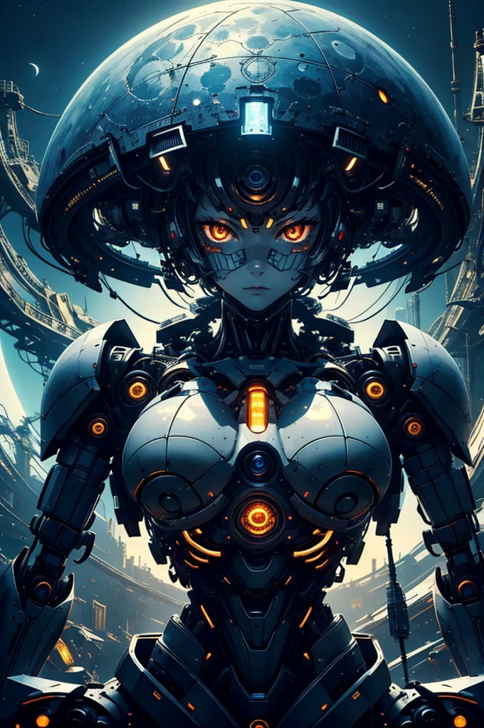 CG Mecha、beautiful eyes、Upper body、woman、（（whole body image））、Portrait、robot、white orange armor、neon、8K、born、Highest image quality、muste piece、ultra high resolution、colorful、(Medium-wide)、(Dynamic Perspective)、sharp focus、(Depth of bounds written)、highly detailed eyes and face、beautiful detailed eyes、Black gold、trimming gear:1.2)、((muste piece、Highest image quality))、detailed background、Inside the spacecraft、gray hair、Luminescent、full moon、gtx4090、stand up、matrix、,Crescent Moon、abyss、perfect form