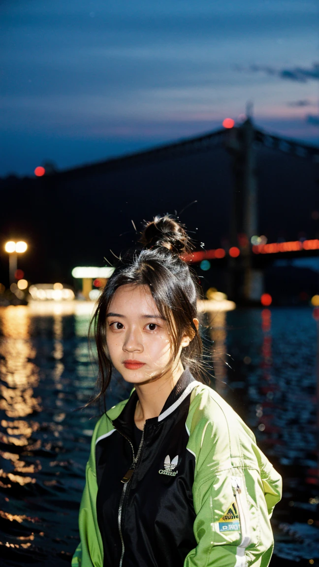 Masterpiece, best quality, ultra high resolution, hyper realistic, realistic, (photorealistic:1.4), masterpiece of analog film photograph a girl, taken by Hideaki Hamada using Pentax 67II and Kodak Portra, natural facial expression, solo, wearing black Adidas tracktop jacket, smooth skin, neon citylights, cinematic lighting, aesthetic film mood, casual and relaxed atmosphere, front view, shallow depth of field, no motion blur, well-balanced exposure