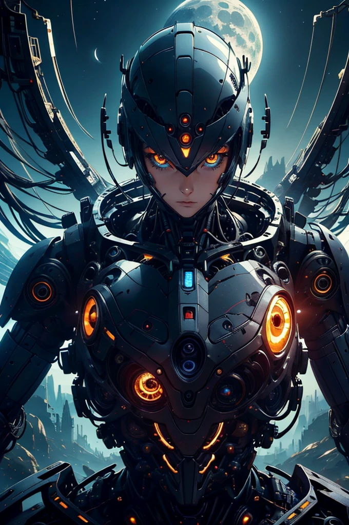 CG Mecha、beautiful eyes、Upper body、woman、（（whole body image））、Portrait、robot、white orange armor、neon、8K、born、Highest image quality、muste piece、ultra high resolution、colorful、(Medium-wide)、(Dynamic Perspective)、sharp focus、(Depth of bounds written)、highly detailed eyes and face、beautiful detailed eyes、Black gold、trimming gear:1.2)、((muste piece、Highest image quality))、detailed background、Inside the spacecraft、gray hair、Luminescent、full moon、gtx4090、stand up、matrix、,Crescent Moon、abyss、perfect form