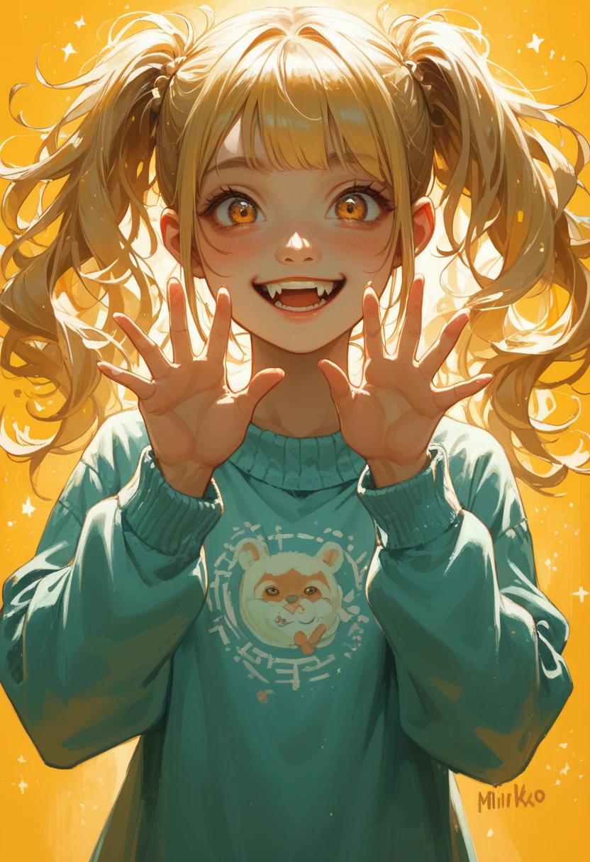 Toga Himko, Create a vibrant character with light blonde hair styled with short, straight bangs and two high ponytails, with some strands left loose. She has a youthful, oval face with large, amber eyes that convey a playful, mischievous expression. Her fair skin shows a slight blush on her cheeks, emphasizing her youthful age of around 15. Dress her in a casual, light-colored sweater with a simple, cozy design, suggesting comfort. Capture her in a playful pose, making a playful gesture with one hand while smiling widely, showing her teeth with the fangs visible. Use bright, warm colors and dramatic lighting to highlight her features against a soft, luminous background, creating a cheerful, energetic atmosphere.