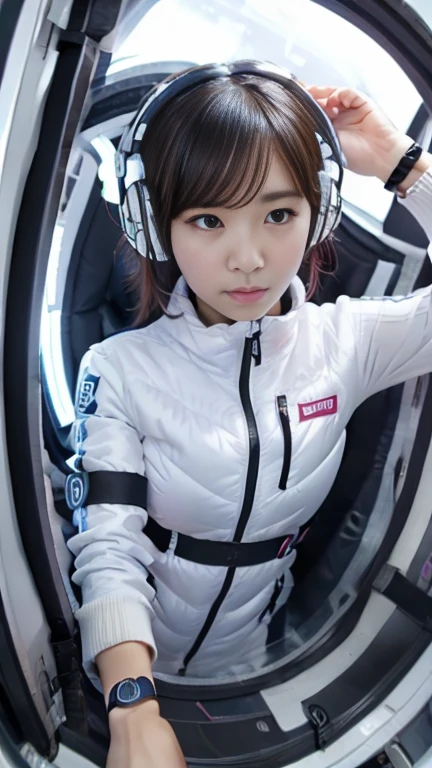 space helmet, (cinematic scene, sitting on a chair, train interior, , city view, night view: 1.5), space helmet, eva helmet, space suit, astronaut), smile bubble helmet, very detailed, speed helmet, bubble helmet, ,upper body, astronaut),eva helm, spacesuit , astronaut),girl, wearing a (spacesuit:1.15)