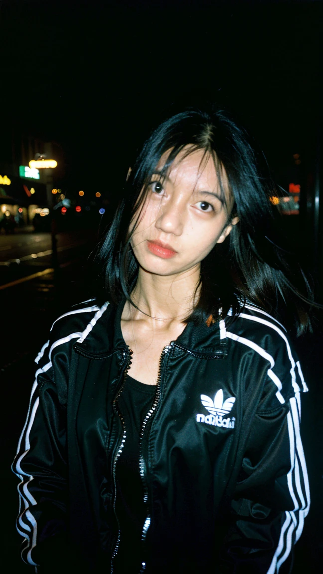 Masterpiece, best quality, ultra high resolution, hyper realistic, realistic, (photorealistic:1.4), masterpiece of analog film photograph a girl, taken by Hideaki Hamada using Pentax 67II and Kodak Portra, natural facial expression, solo, wearing black Adidas tracktop jacket, smooth skin, neon citylights, cinematic lighting, aesthetic film mood, casual and relaxed atmosphere, front view, shallow depth of field, no motion blur, well-balanced exposure