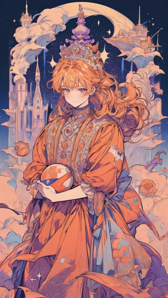 (One princess、One prince:1.5)、Orange long dress、Ball、city、firework、流れstar、Night Sky、star、moon、Lots of flowers、(smile)