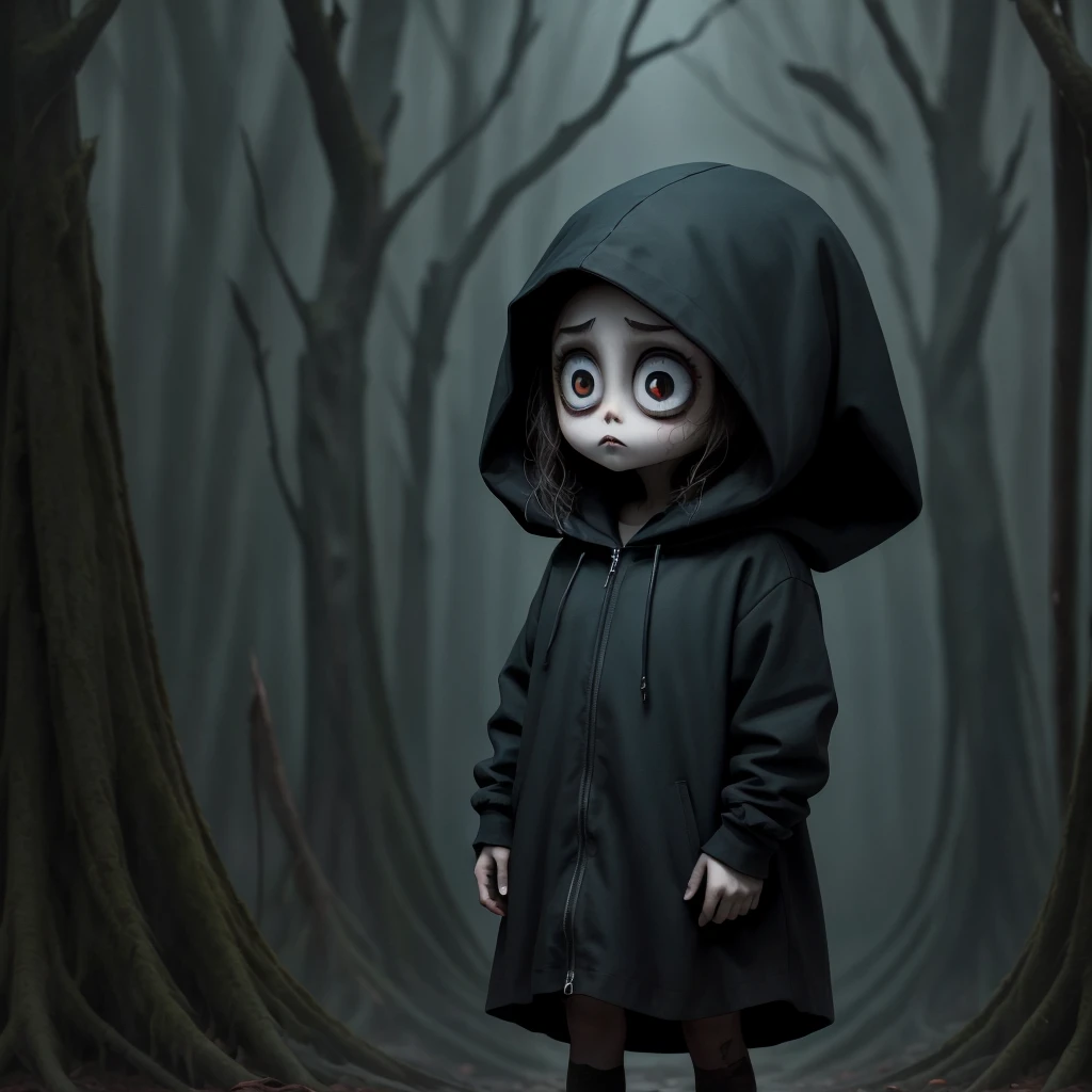 a mysterious character. Camera focused on the face of the person with big eyes and open eyes. wearing a black hood. in a dark landscape 