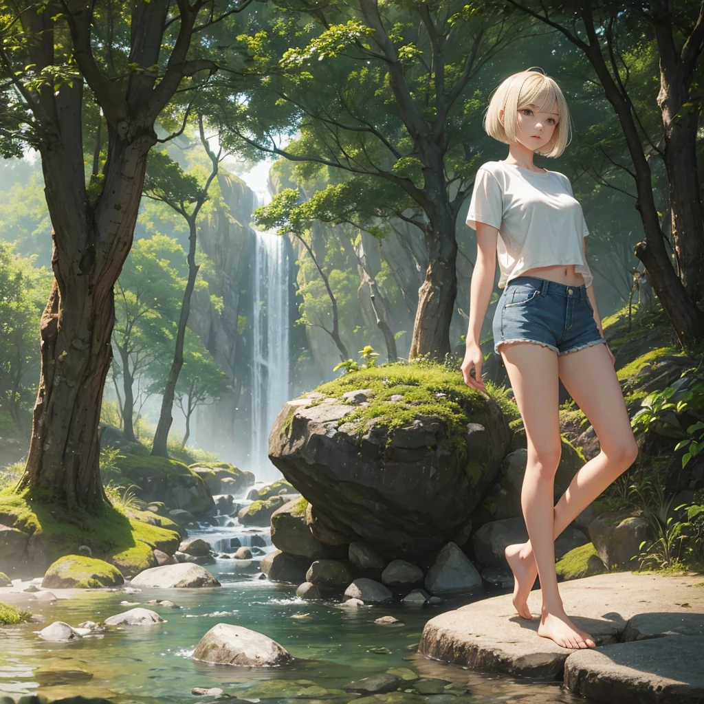 White bra, white T-back, girl in underwear, walking in the forest, anime girl, modern, dense forest, weedy, anime, right eyes, drawn eyes, right feet, right ankles, detailed drawing, masterpiece, ((full of girls without clothes)), ((all passers-by are not dressed)), ((all passers-by are in underwear)), (everyone wears nothing but underwear)) , masterpiece, top quality, high resolution, solo, big, misaligned bra,
