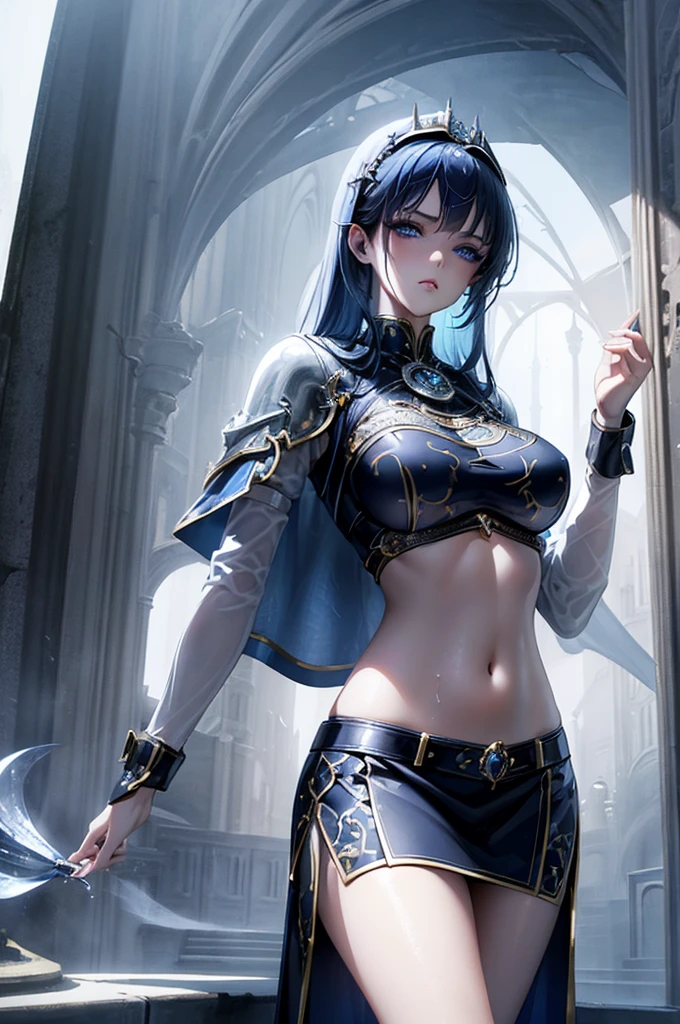 masterpiece, best quality, 1woman, adult, older MILF, female focus, solo, black hair, long hair with fringe, vibrant blue eyes, looking at viewer, cape, High quality metal texture, closed mouth, bangs, jewelry, earring, high collar,(kbxll:0.6), Fantasy aesthetics, Highly detailed, shadowverse style