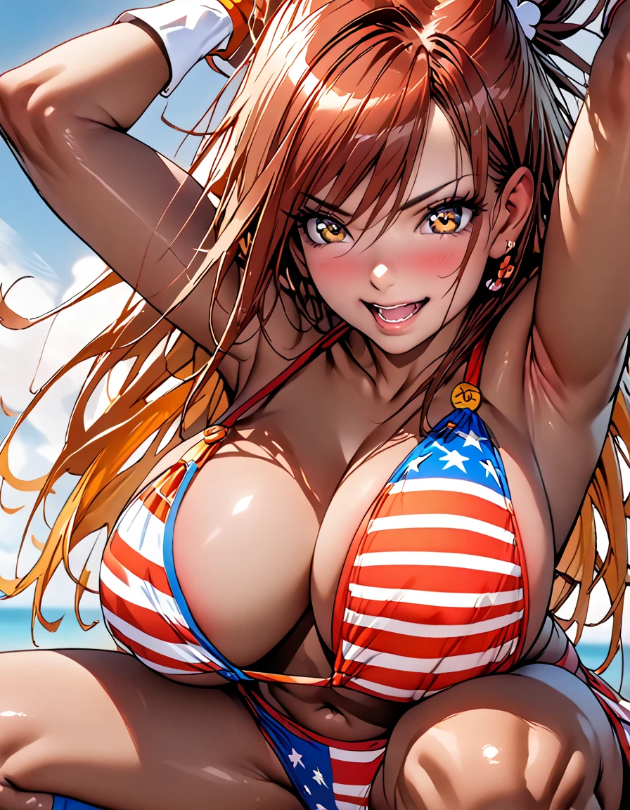 (((((Cure Sunny)))))、((Brown Skin:1.2))、American flag bikini、Knee socks、((Squat))、(Spread your legs)、(Big big breasts),(Show me your crotch)、blue sky、sea、Description of the whole body、{{{A closer look}}}、{{{masterpiece}}}, {{{Best Quality}}}, {{ultra-detailed}}, {{shape}}, {{{Very delicate and beautiful}}},{{extremely detailed CG}}、{{unity 8k portrait}}、{{Fabric Shading}}、{{super detailed skin}}、{{Perfect Anatomy}}、{{detailed}}、{{Dynamic Lighting}}、{{{beautiful detailed eyes}}}、{{{beautiful detailed Face}}}、{{{Realistic, RAW Photos}}}、(Perfect Face)、(非常にdetailedな顔)、(Perfect Eyes)、(Highlights)、(Perfect Legs)、(Perfect breasts)、(Perfect pose)、(Perfect body),