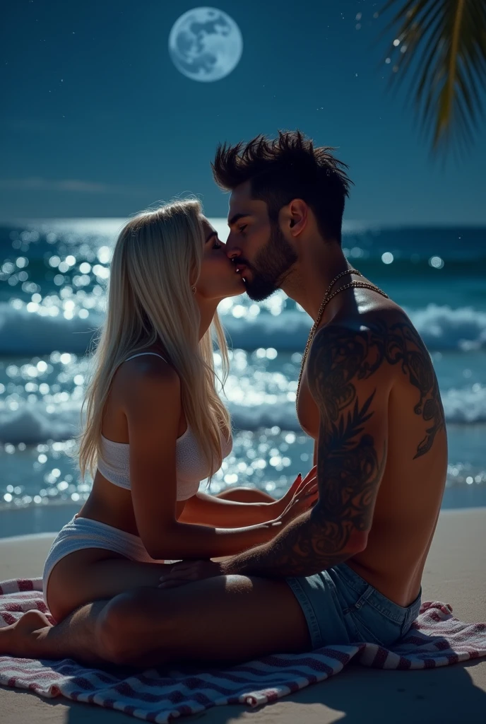 Couple in love kissing young 2 sexy Tough gangster with black hair shaved on the sides with braids brown eyes thick lips athletic body masculine energy and sexy defined chin trimmed beard colored tattoo marked biceps wears Homme in black color Muslim style black boxer Kiley woman rude Colombian beautiful voluptuous Defined features long blonde hair thick lips ,sexy elegant black underwear, In a luxurious hotel room, lying on a bed with oak furniture with golden touches, a large window overlooking Miami beach