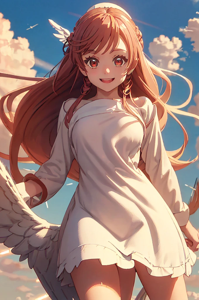 One girl, High resolution, smile, red eyes, long hair, Angel Halo, Anatomically correct, masterpiece, Character portrait, big Breasts:1.5, Smiling with teeth showing, (all nude:1.5)、(pussy:1.3)、(flying in the sky:1.5)