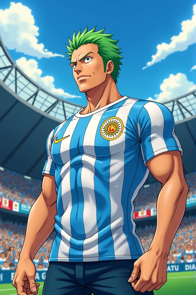 Create zoro in Argentina football jersey in anime style