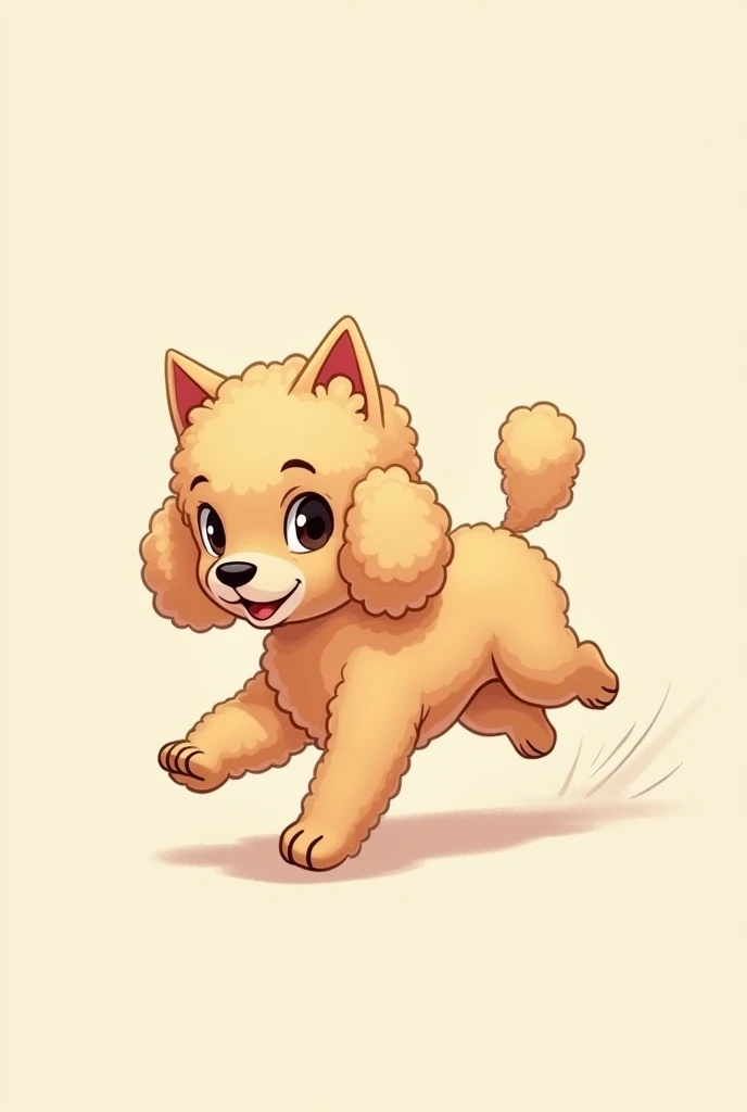 A running dog with short, fat legs, poodle hair, and triangular, pointed ears.