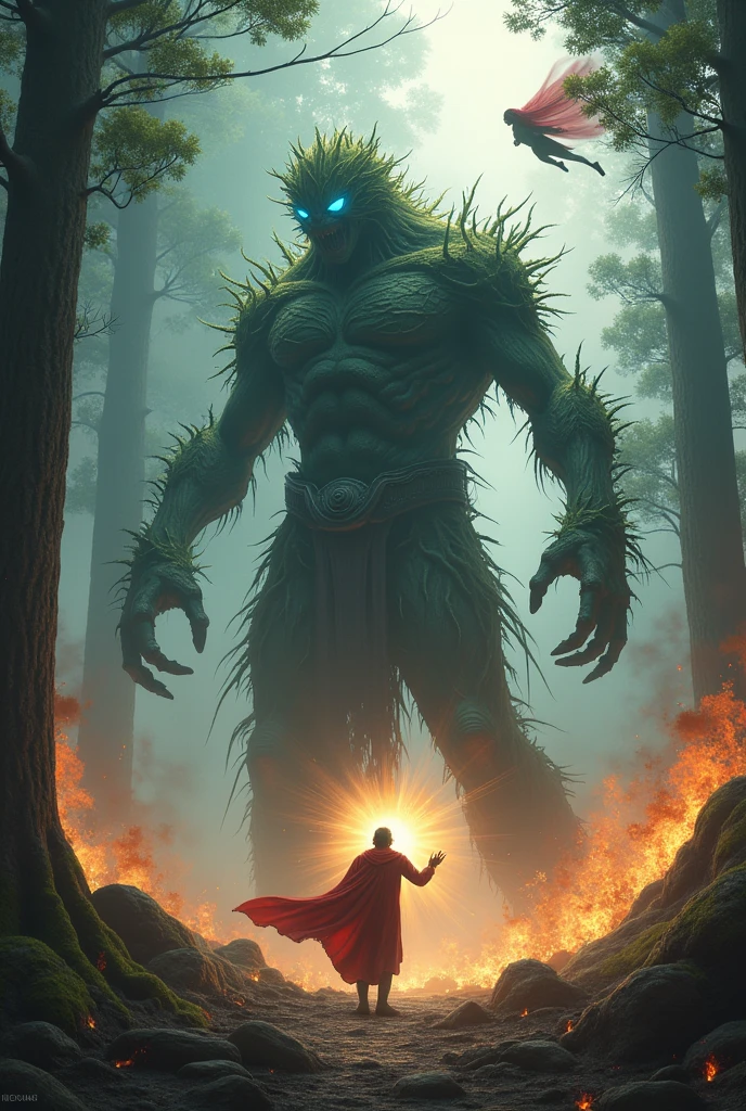 view of the forest with a giant in the middle, giant in the middle of the forest, destroyed forest, The giant had long curly red hair, was naked, Very angry giant, very tall, 100 feet tall, full body version Giant, (the Giant is ??? boy), (one piece style art), ultra detailed, hd, motion blur, lighting