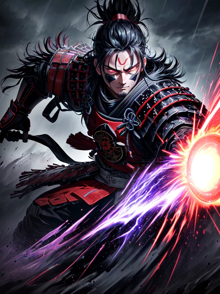 Symetrical,absurdres, highres, ultra detailed, HDR, masterpiece, extremely detailed face and eyes,Ninja God,God ninja armor,Konoha headband,, blue red hair,God mask , solo, man, handsome, ,, , Epic fight scene, full color lightning effect, glowing glitters