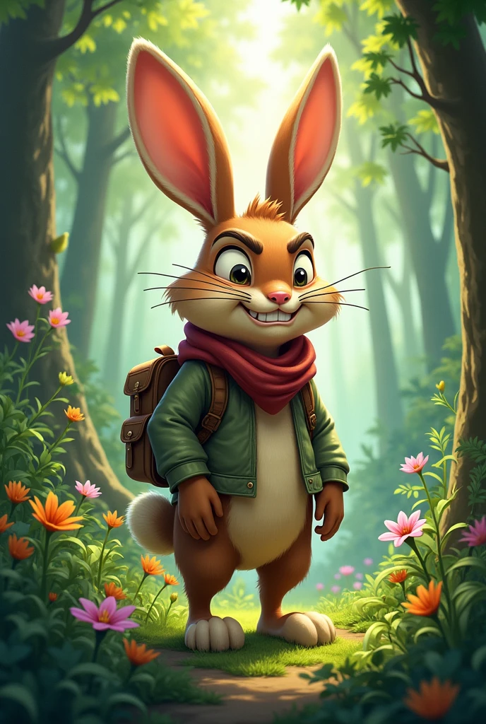 Cartoon big grown cunning rabbit in a lush forest - SeaArt AI