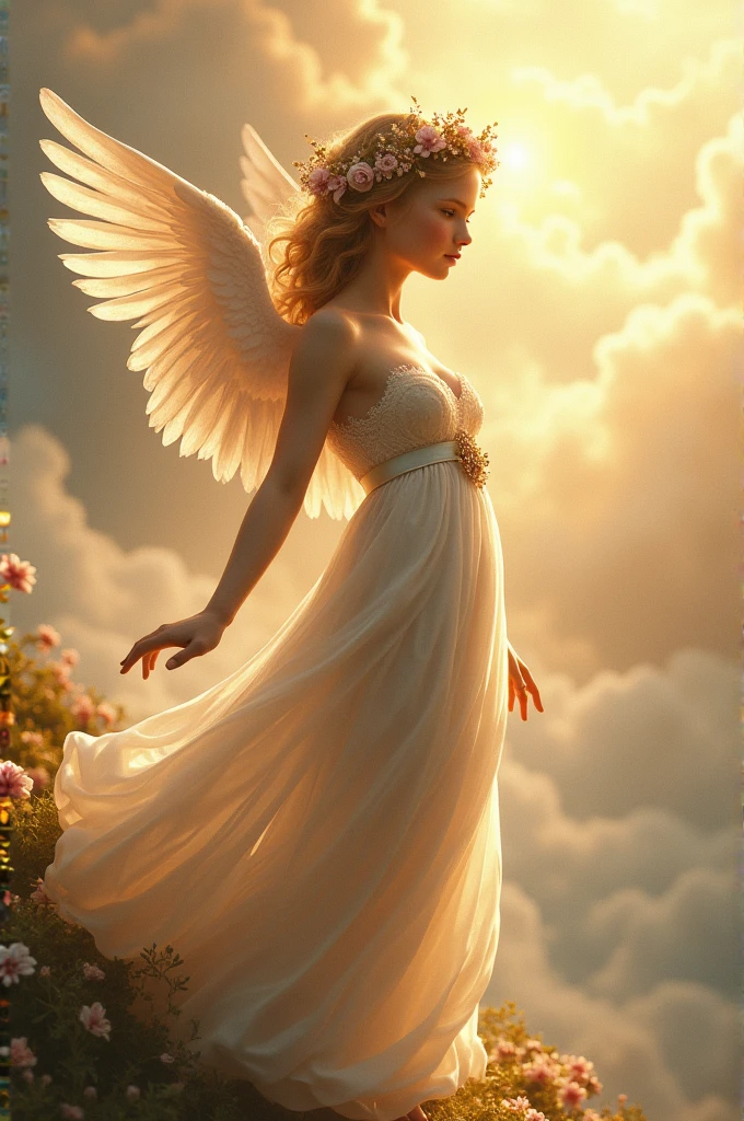 A girl flew into the sky，Catch the feathers，The girl has faint wings on her back，quadratic element，Fairy air fluttering， It is mainly gold and white，Girl side face，Don't be realistic，Girls should be more melancholy，Have the feeling of a goddess