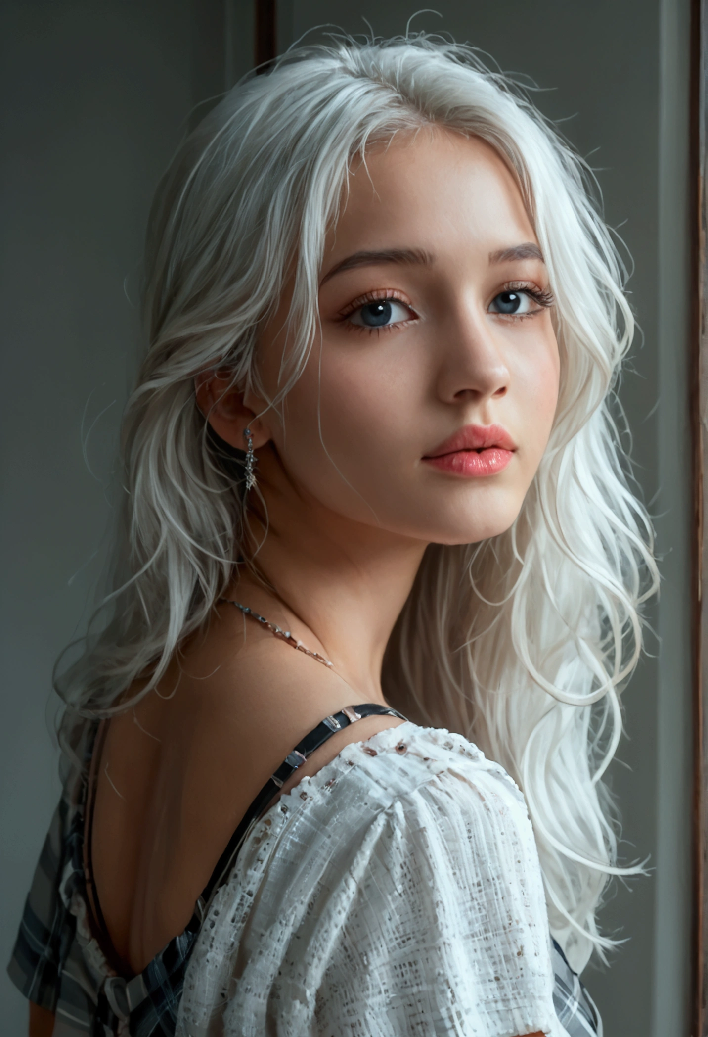 score_9, score_8_up, score_7_up, photorealistic, high resolution, soft lights, 1 woman, beautiful detailed eyes, beautiful detailed lips, extremely detailed eyes and face, long eyelashes, white hair, long hair, jewelry, t-shirt, plaid skirt, photo-realistic, 8k, realistic, HDR, vivid colors, studio lighting, fine details, 