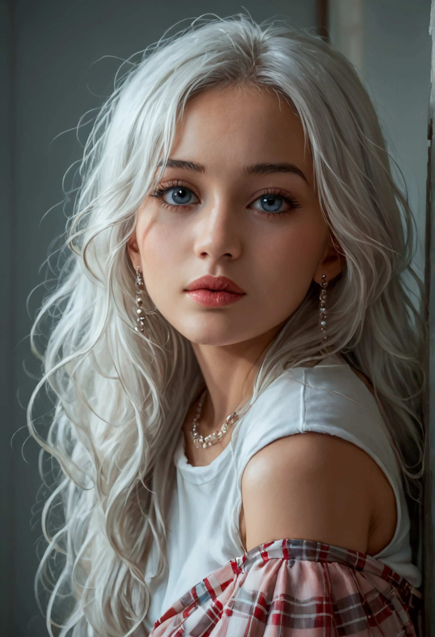 score_9, score_8_up, score_7_up, photorealistic, high resolution, soft lights, 1 woman, beautiful detailed eyes, beautiful detailed lips, extremely detailed eyes and face, long eyelashes, white hair, long hair, jewelry, t-shirt, plaid skirt, photo-realistic, 8k, realistic, HDR, vivid colors, studio lighting, fine details, 