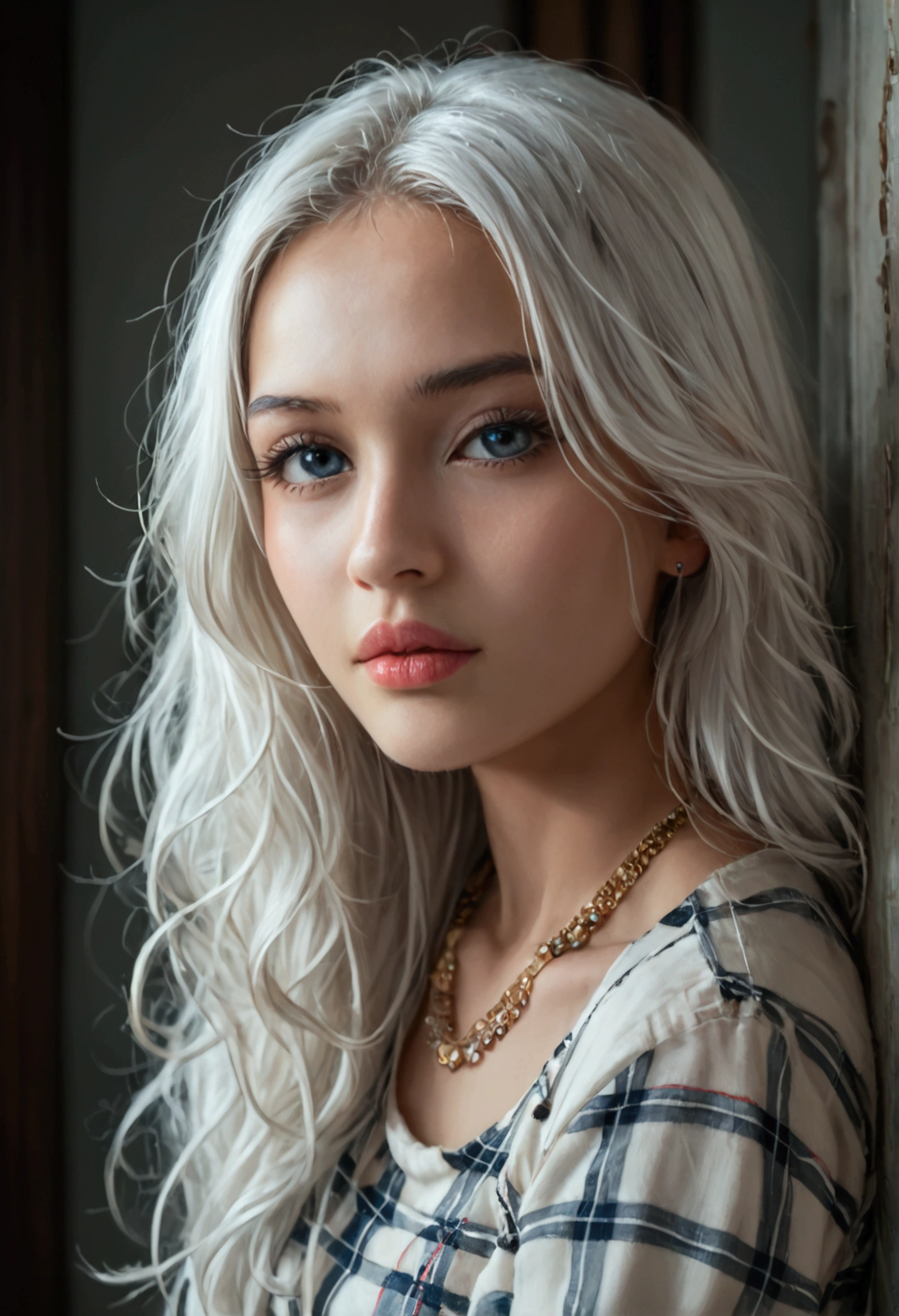 score_9, score_8_up, score_7_up, photorealistic, high resolution, soft lights, 1 woman, beautiful detailed eyes, beautiful detailed lips, extremely detailed eyes and face, long eyelashes, white hair, long hair, jewelry, t-shirt, plaid skirt, photo-realistic, 8k, realistic, HDR, vivid colors, studio lighting, fine details, 