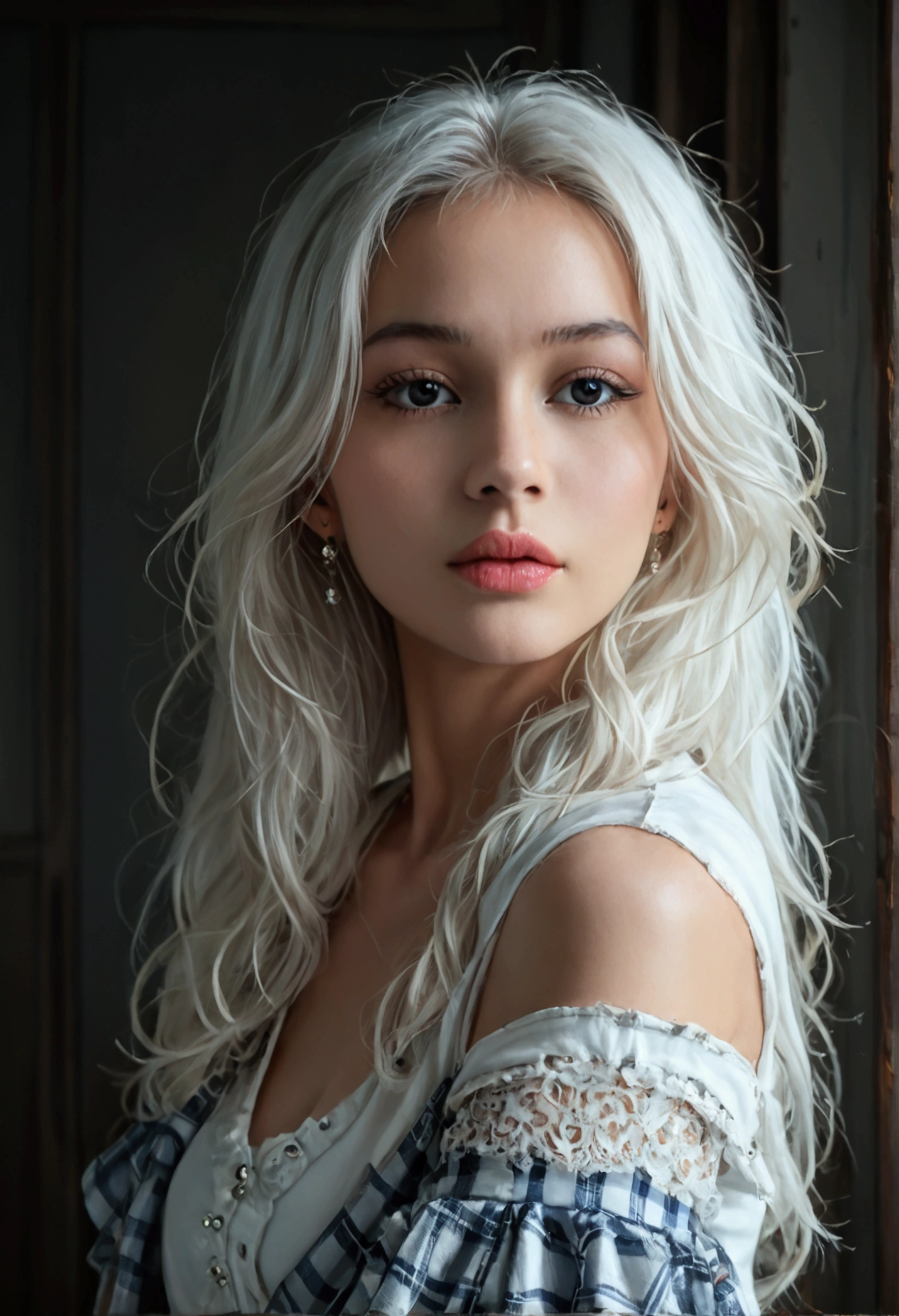 score_9, score_8_up, score_7_up, photorealistic, high resolution, soft lights, 1 woman, beautiful detailed eyes, beautiful detailed lips, extremely detailed eyes and face, long eyelashes, white hair, long hair, jewelry, t-shirt, plaid skirt, photo-realistic, 8k, realistic, HDR, vivid colors, studio lighting, fine details, 