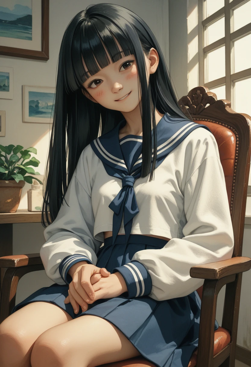 (drama,asian,imagem sem fundo,watercolor:1.1)black hair,long hair,blunt bangs,small breasts,dark blue sailor collar,white sailor shirt,long sleeves,blush,light smile,sitting on chair,room