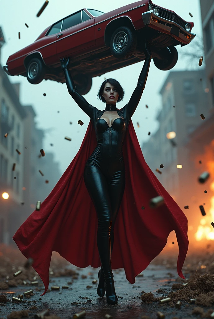 Dark short haircut blue eyes vampire gothic girl under eternal death entranced beauty big boobs big butts muscled tall giantess BBW stockings short red cape levanta un camión gigante por encima de su cabeza con una mano sola fácilmente