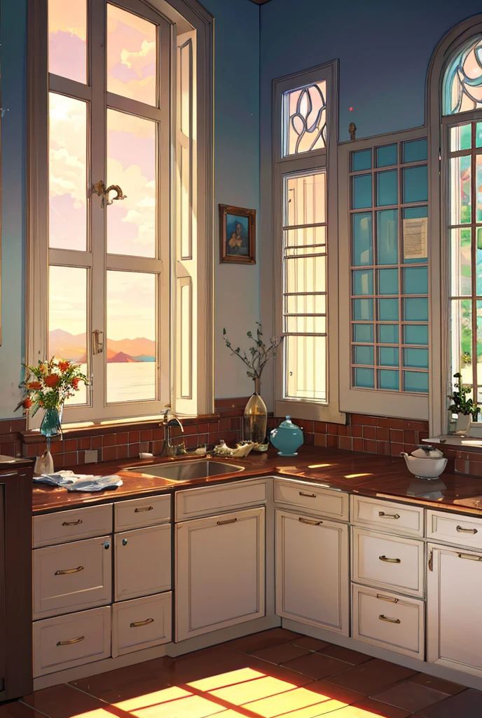 an American kitchen,  shiny white marble sink and golden stainless steel, Mahogany cabinets and smoked glass doors, in the background a large window overlooking a magnificent lake full of ducks, with the radiant sunset coming through the window, kitchen hallway view, estino anime 8k, HDR, UHD, photorealistic, intricate details, extremely detailed, incredible details, hyper-realistic, extremely intricate details. 