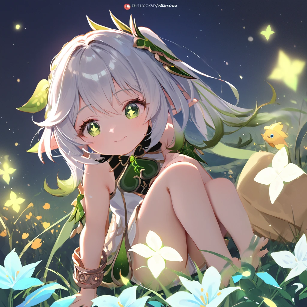 1girl, nahida_\(genshin_impact\),cute , illustrated by matsuryuu and agahari and dsmile,stunning field of softly glowing blue and white glaze lilies,night scene,gentle smile,moonlight,glossy lips,vivid anime coloring,cel shading,smooth, soft dreamy focus,anklet,white clothes,highly detailed,digital painting,field of flowers,bare_shoulders,wlop,barefoot,cool night tones, magical night scene,masterpiece, best quality, film, bokeh, professional, 4k, highly detailed,fireflies,Guardian nebula of rainbow light and silvery vapor, 