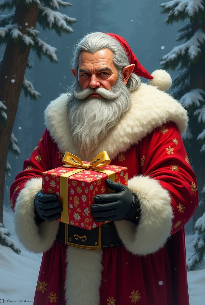 1man, facial hair, scar across eye, beard, yellow eyes, smile, upper body, geralt_soul3142, christmas, (holding gift), christmas tree, christmas lights, masterpiece, best quality, intricate details, fireplace, <lora:geraltW3-09a:0.6>,<lora:detail_slider_v4:0.7>