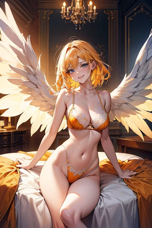 yellow hair, blue eyes, sexy, (white angel wings), large breasts, sexy, beautiful body, masterpiece, ((orange lingerie)), smile, bedroom