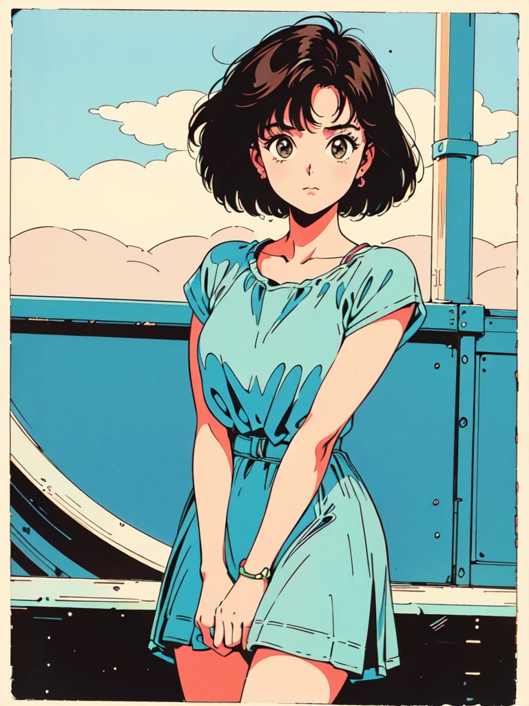 (80's, retro), (masterpiece, best quality), (anime, illustration), (natural colors, polaroid aesthetics). Photo of a teenage girl. She is enjoying a delicious watermelon. She has brown and short hair. She is wearing a casual dress. 1990s fashion. Summer Vibes. Urban Panorama.