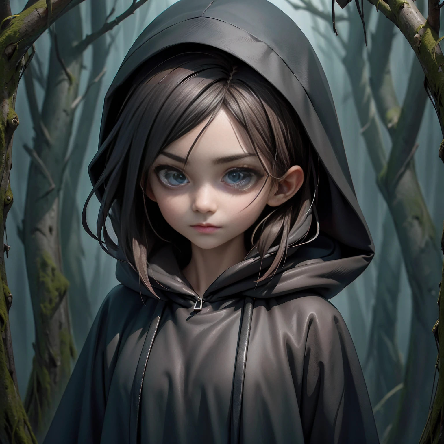 a mysterious character. focused on the face of the person and open eyes. wearing a black hood. in a dark landscape 