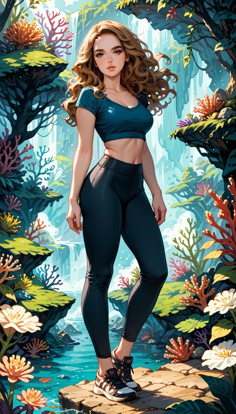 Dark Fantasy Art of score_9, score_8_up, score_7_up, rating_questionable, fantasy, lighting, epiCPhoto 1girl, very sexy (Hermione Ganger, cartoon of hrmgrgr, long wavy hair, light brown hair, brown eyes:1.1), beautiful waifu, yogapants, coral yoga pants, standing in gym, long legs, sneakers, round butt, thicc, solo, cute, flirt, gaze, sexy look, half-closed eyes, head tilt, filled lips, thick lips, makeup, modelling shoot, sexy pose, dark, moody, dark fantasy style.