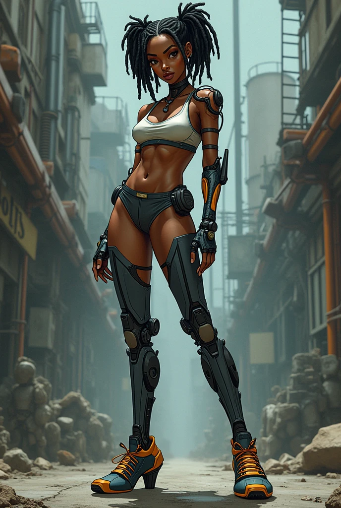 (((Full body: 1.5))), ((dark-skinned beautiful African woman: 1.7)) with short black hair, strong body, thick athletic body, cyberpunk background, Realistic, top quality picture, 4K, ultra HD |, ((master part))), (((best quality))), ((ultra detail)),(Highly detailed CG illustration), Cinematic light, camera: Choose an angle that highlights the beauty of the character. resolution: Aim for a high-resolution artwork to showcase intricate details and clarity