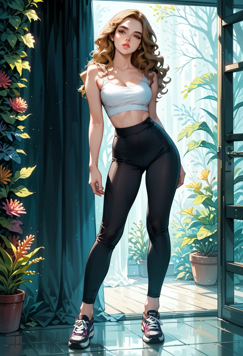 Dark Fantasy Art of score_9, score_8_up, score_7_up, rating_questionable, fantasy, lighting, epiCPhoto 1girl, very sexy (Hermione Ganger, cartoon of hrmgrgr, long wavy hair, light brown hair, brown eyes:1.1), beautiful waifu, yogapants, coral yoga pants, standing in gym, long legs, sneakers, round butt, thicc, solo, cute, flirt, gaze, sexy look, half-closed eyes, head tilt, filled lips, thick lips, makeup, modelling shoot, sexy pose, dark, moody, dark fantasy style.