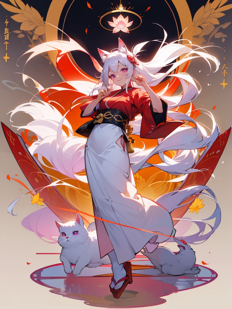 a beautiful woman represents kitsune fox goddess, pale skin, white hair, red and white colour pallette, flames, nine tails, beautiful. god like, majestic, fantastical, ancient japan, detailed, classic japanese art, videogameart, modern art, realistic, intrincated detailed .