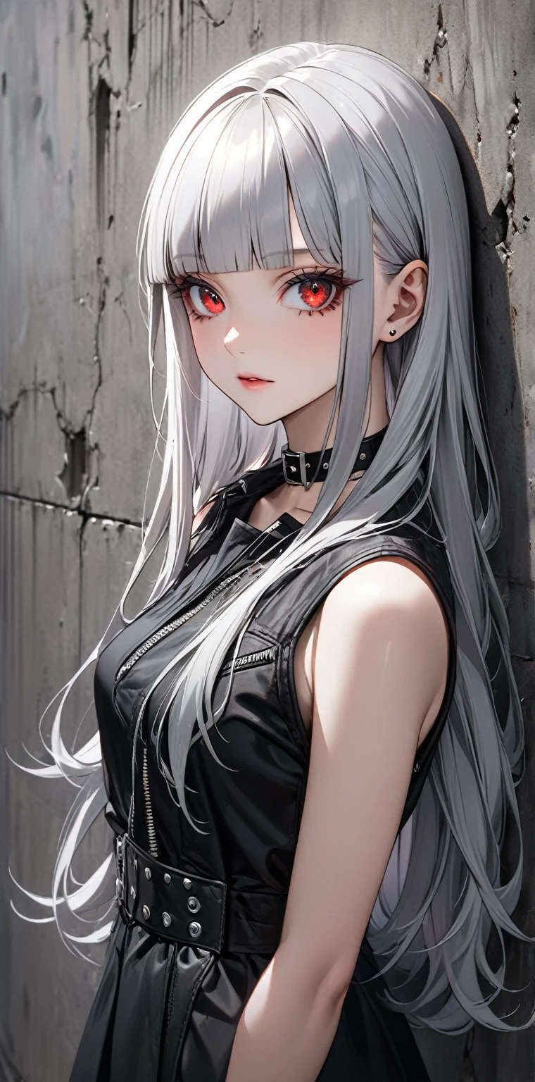 Ultra high resolution, rich colors, perfect image, best quality, detailed image, beautiful single woman, glowing skin, skin and clothing texture, delicate eyes, concrete wall background, punk girl, choker, (((silver hair blunt bangs long hair))), red eyes