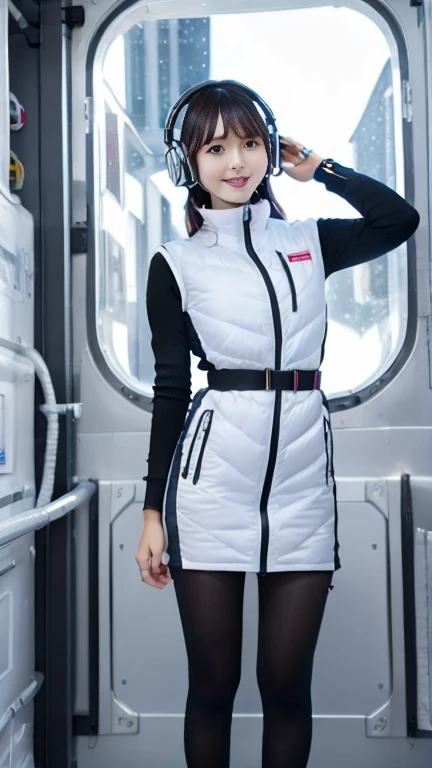 (Best Quality), (masterpiece), 1080P, High resolution, 4K, 8k, Inside the space station、Futuristic room、One Woman,20yo,astrovest,white shiny latex astrovest, black long sleeves,white down skirt,BREAK Shooting from directly below,Composition seen from below:3,BREAK Flip up the skirt、skirt rift up,Show your pants:5,、BREAK Smile、White diapers:3,  sweat, Woman looking down,headphone,Braided Hair, Inner Color, Embarrassed face, Short black hair, smartwatch,, bedroom,
