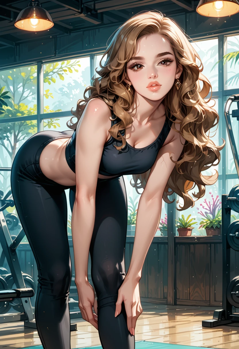 Dark Fantasy Art of score_9, score_8_up, score_7_up, rating_questionable, fantasy, lighting, epiCPhoto 1girl, very sexy (Hermione Ganger, cartoon of hrmgrgr, long wavy hair, light brown hair, brown eyes:1.1), beautiful waifu, yogapants, coral yoga pants, standing in gym, long legs, sneakers, round butt, thicc, (legs crossed:1.3), (bent over:1.2), solo, cute, flirt, gaze, sexy look, half-closed eyes, head tilt, filled lips, thick lips, makeup, modelling shoot, sexy pose, dark, moody, dark fantasy style.