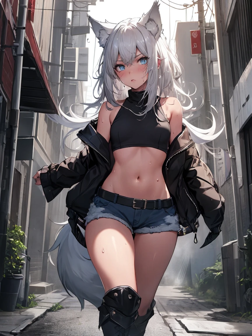 Single girl, Anime tomboy, Short, Long white hair, wolf ears, wolf tail, blue eyes, thigh high fishnets, black combat boots, nude, solo tomboy, only one female ((small breasts)) solo, alone, (SOLO)(ALONE) thighs, nice hips, blue eyes, perfect eyes, perfect face, pouty lips, happy, white shirt, midriff, black cutoff shorts, perfect detailed face, ((sweat)), aftersex, alley, modern grey walls, (prostitution), (((holding money in hand))), (((money))), dollar, ((after prostitution)), standing, spread legs, (smug), young,