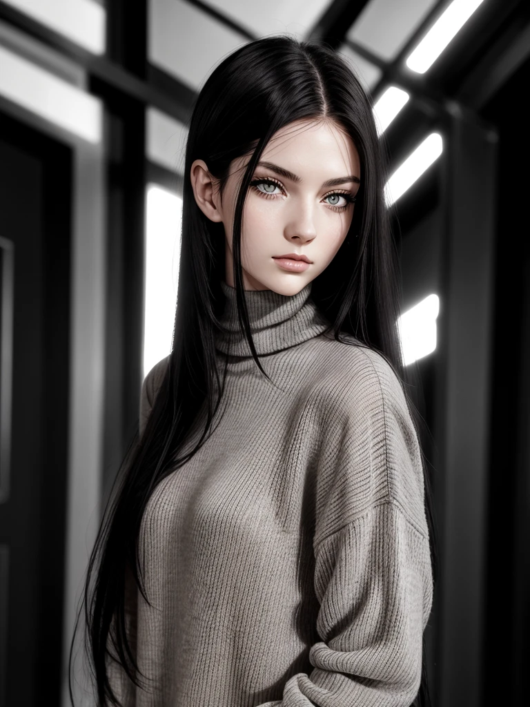 (best quality), 1girl, female, pale skin, (black hair), long hair, straight hair, grey eyes, perfect eyes, turtleneck sweater, stylish, elegant, serious, masterpiece, anatomically correct, highres
