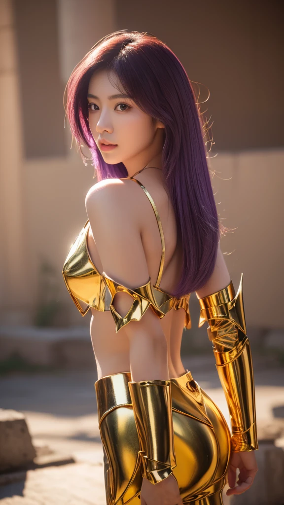 ((1woman))) Beautiful Korean girl, Ultra-realistic photoshoot with cutting-edge details by Camus against a background of greek ruins. Half torn and shiny golden metal armor Libra. Long purple hair. Purple eyes. Lively pose. Beautiful and symmetrical light brown eyes with details. Full body. Beautiful face with details. 30MP 4k Canon EOS 5D Mark IV DSLR. 85mm lens. Sharp focus. Intricate details. Long exposure time f/8. ISO 100. Shutter speed 1/125. Diffused backlight. Award winning photo. Camera facing. Looking into the camera. Monovision. Perfect contrast. High sharpness. Facial symmetry. Depth of field. Ultra-detailed photo. Ray-traced. Global illumination. TanvirTamim. Soft. High sharpness. High sharpness. 8k Unreal Engine 5 Ultra-sharp focus. Award winning photo. Trending on ArtStation. Realistick 8k