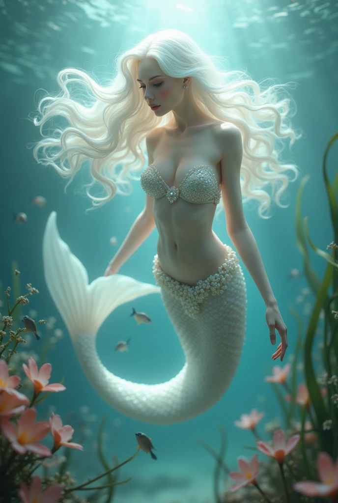 A mermaid with a sparkling white tail and long pink silky fins surrounding her tail..May he have 2 meters of white hair and curved white-pink horns on both sides of his forehead.. Her eyes are yellow and bright.May your breasts be covered with scales. Let the tail be covered with pink fins. Let the tail be covered with pink fins. High quality