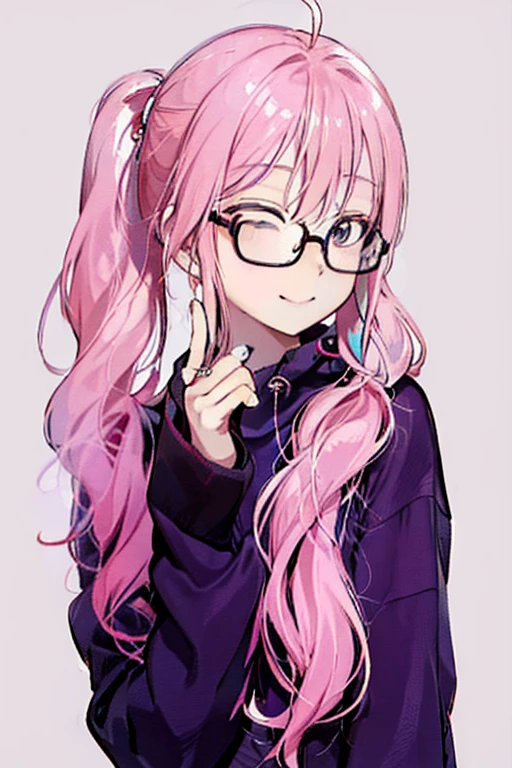 Pink Hair,ponytail,Glasses,Certified Social Worker,smile,Simple Background