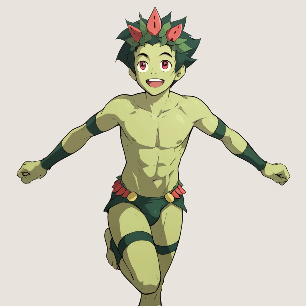 score_9, score_8_up, score_7_up, score_6_up, rating explicit, focus male, source anime, 'Wally the Watermelon Guardian.' Wally has a vibrant green skin that resembles the exterior of a watermelon, with darker green stripes running down his arms and legs. His head is round and topped with a small, leafy crown, mimicking the leaves of a watermelon plant. Wally's eyes are bright red with black seed-like pupils, giving him a friendly yet playful look, sketch